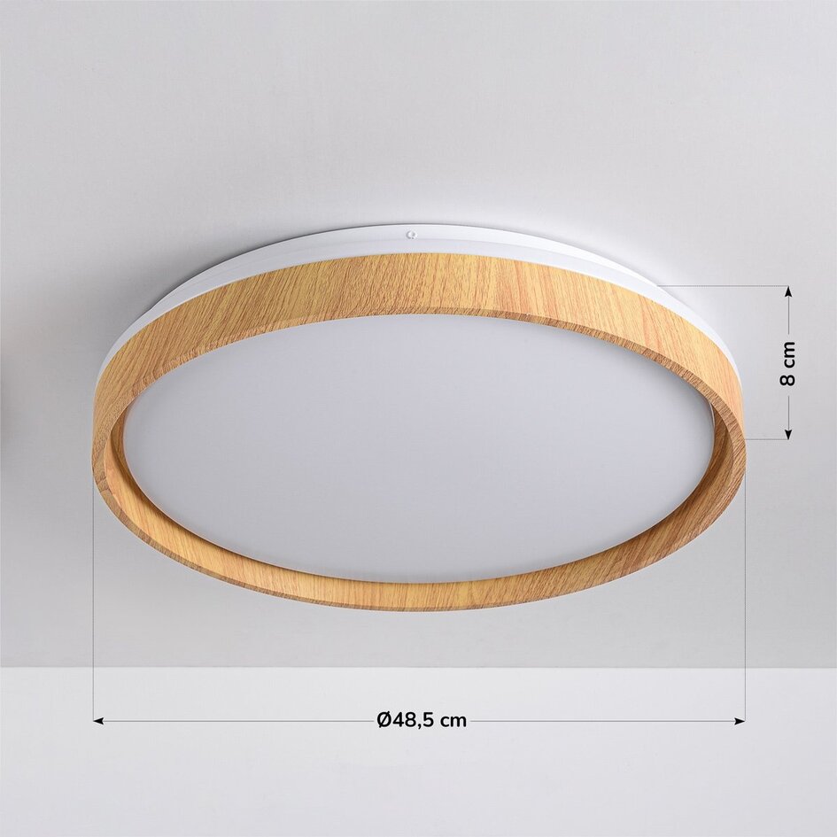 Lampa sufitowa Japandi Britta z wbudowanym źródłem LED i 3-stopniowo ściemnialna Ø48,5 cm - biała z akcentem drewnianym