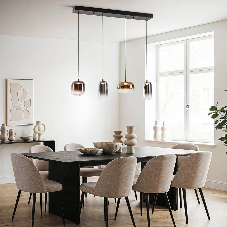 Lampa wisząca Kohi 4 światła z LED, 3-stopniowo ściemnialna i szklanymi kloszami w kolorze złotym, przydymionym i miedzianym
