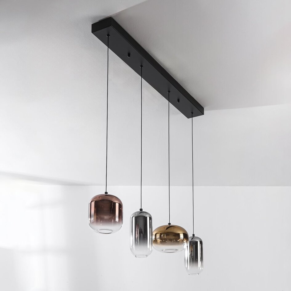 Lampa wisząca Kohi 4 światła z LED, 3-stopniowo ściemnialna i szklanymi kloszami w kolorze złotym, przydymionym i miedzianym