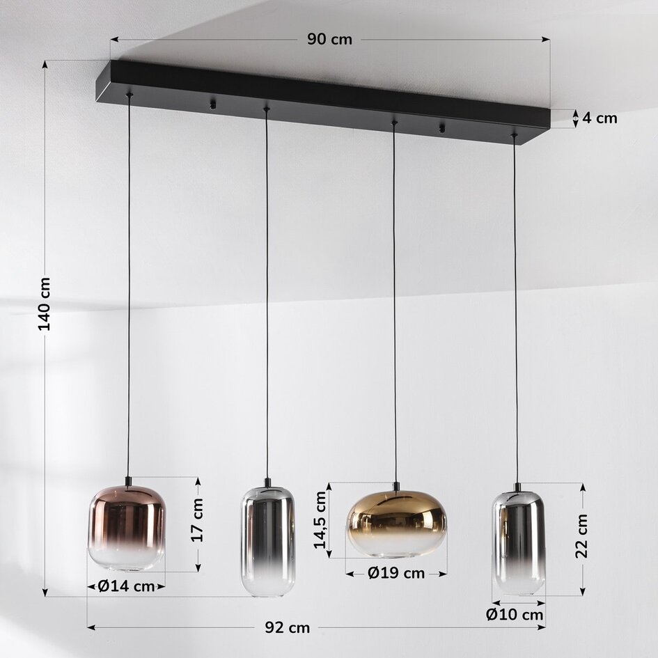 Lampa wisząca Kohi 4 światła z LED, 3-stopniowo ściemnialna i szklanymi kloszami w kolorze złotym, przydymionym i miedzianym