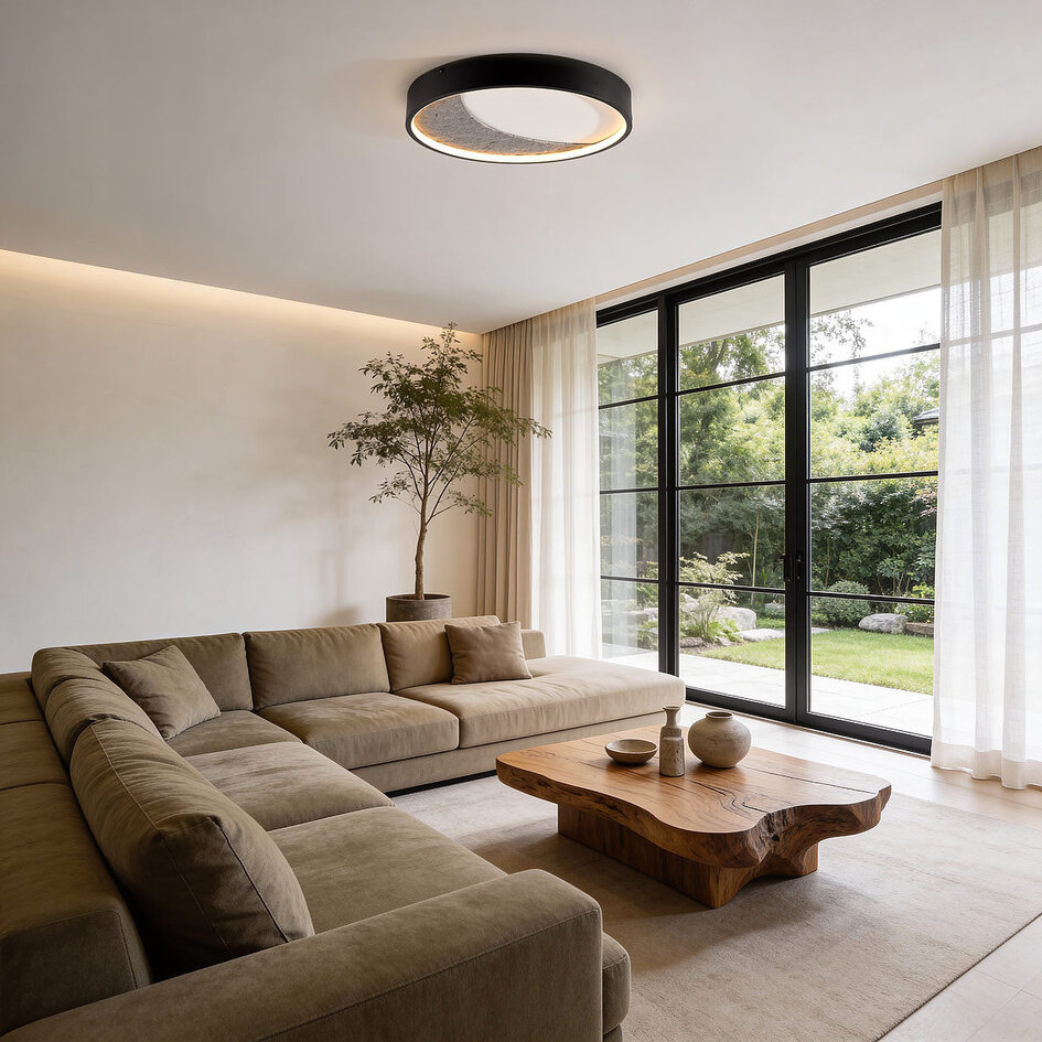 Lampa sufitowa Cercul Ø40 cm z efektem czarnego, szarego i białego kamienia, 3-stopniowo ściemnialne