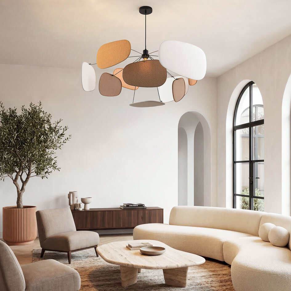 Lampa wisząca z tkaniny Zandor – szarobrązowe, ochra, białe i jasnoszare