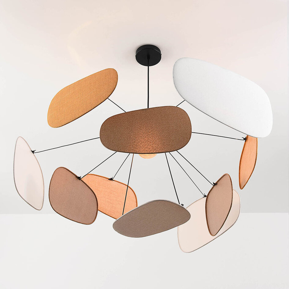 Lampa wisząca z tkaniny Zandor – szarobrązowe, ochra, białe i jasnoszare