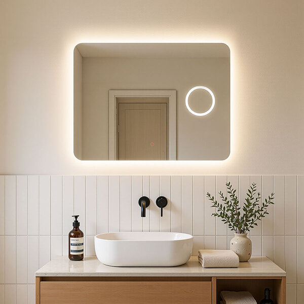 Lustro łazienkowe Sari z regulowanym LED, ściemniaczem dotykowym i ogrzewaniem – 60x80 cm