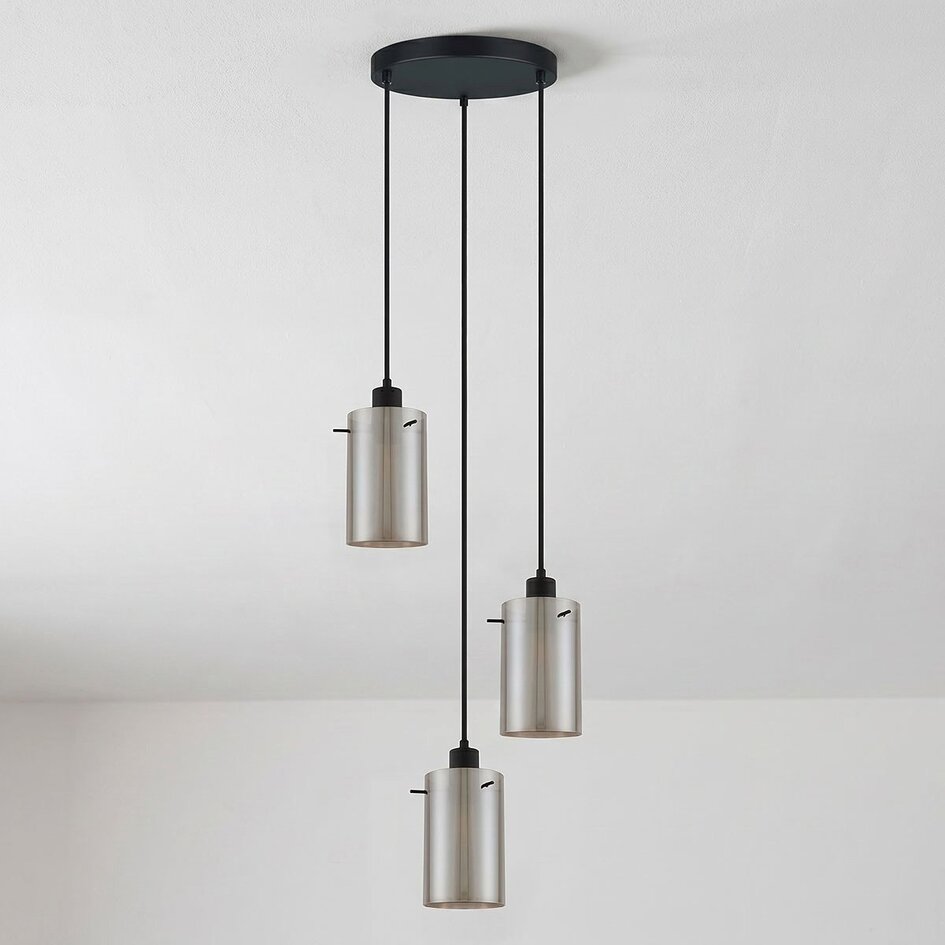 Nowoczesna matowo czarna lampa wisząca z przydymionym szarym szkłem 3 światła - Akron