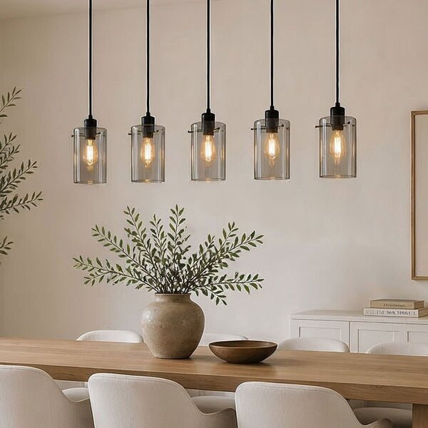 Czarny mat lampa wisząca ze szkłem dymionym szarym 5-światło Texas