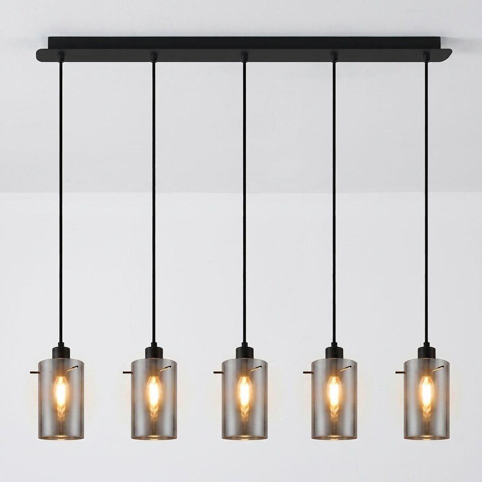 Czarny mat lampa wisząca ze szkłem dymionym szarym 5-światło Texas