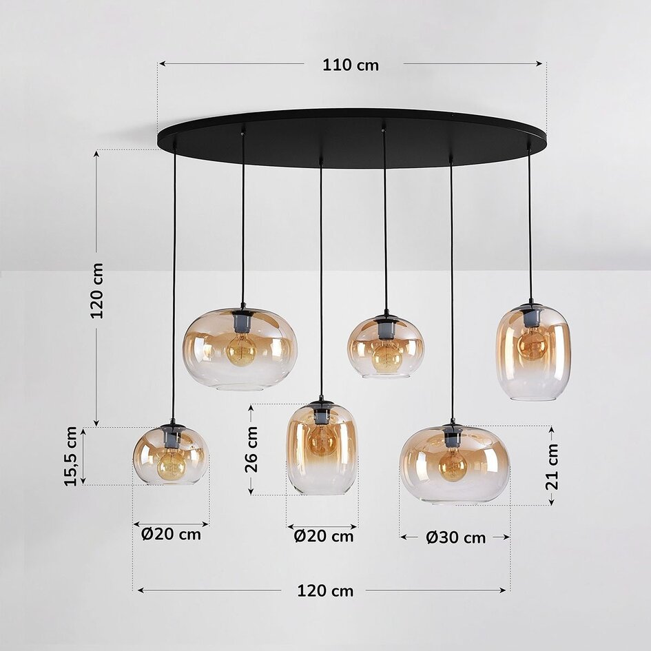 6-światło lampa wisząca Opale ze szkłem ombre w kolorze bursztynu