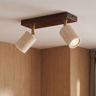 Lampa sufitowa Orven z 2 obrotowymi reflektorami z trawertynu (kamień naturalny) i imitacją drewna