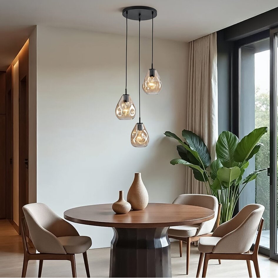 Design czarna lampa wisząca ze szkłem bursztynowym, 3 światła - Lainas