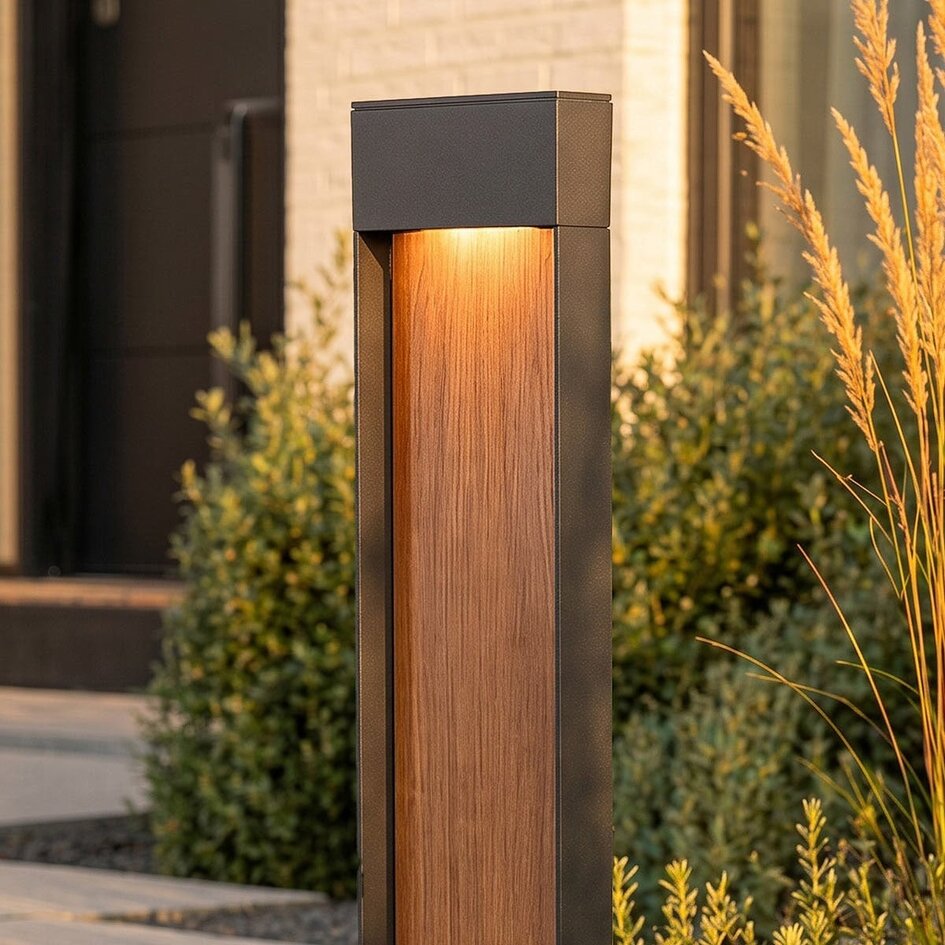 Zewnętrzna lampa podłogowa Maxim z wbudowanym źródłem LED - antracytowe i imitacja drewna