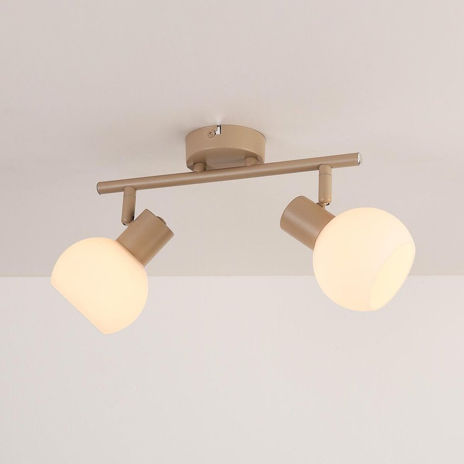 Obrotowa lampa sufitowa Phiene z dwoma mlecznobiałymi szklanymi kloszami - beżowa