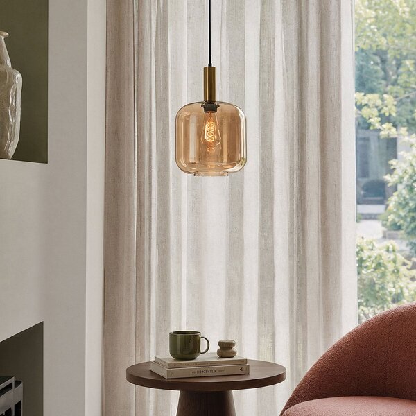Lampa wisząca Basso złota z szerokim szkłem bursztynowym