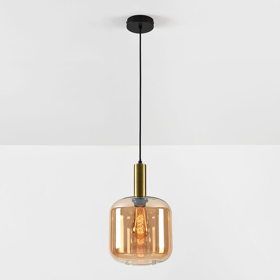 Lampa wisząca Basso złota z szerokim szkłem bursztynowym