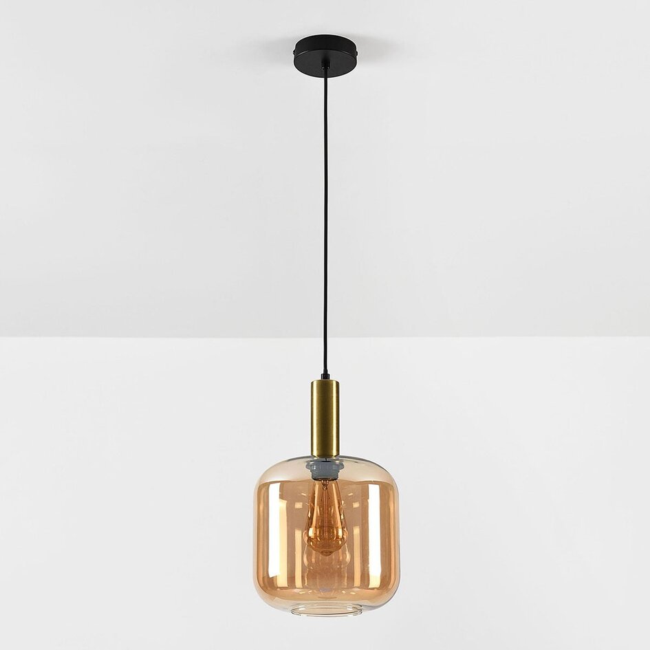 Lampa wisząca Basso złota z szerokim szkłem bursztynowym