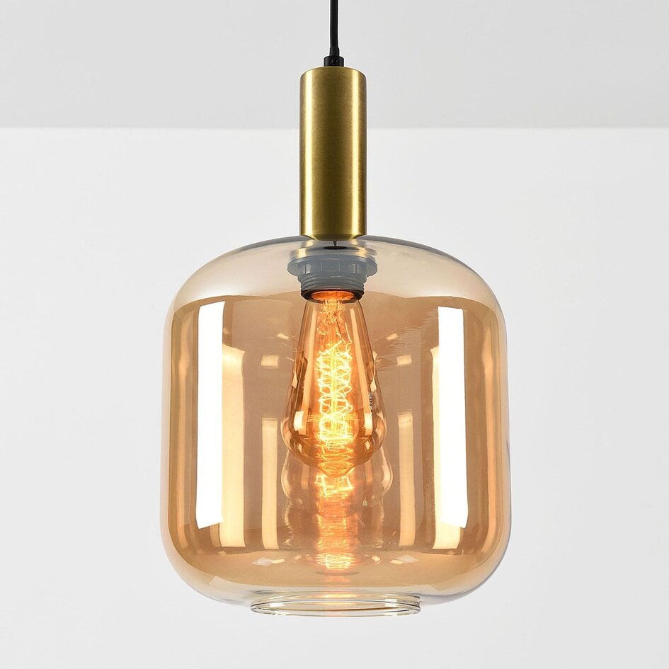 Lampa wisząca Basso złota z szerokim szkłem bursztynowym