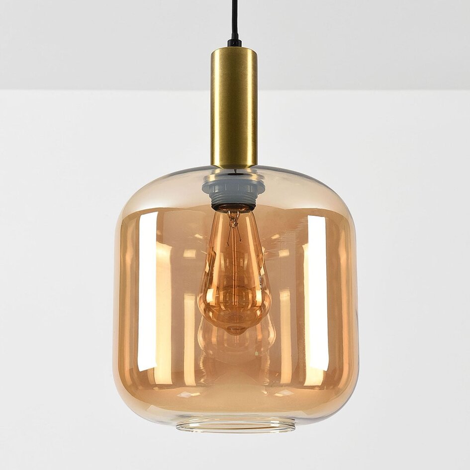 Lampa wisząca Basso złota z szerokim szkłem bursztynowym