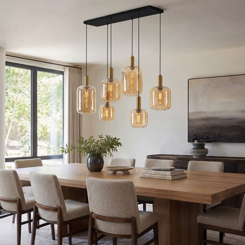 6 światła lampa wisząca Sei - szkło bursztynowe ze złotem