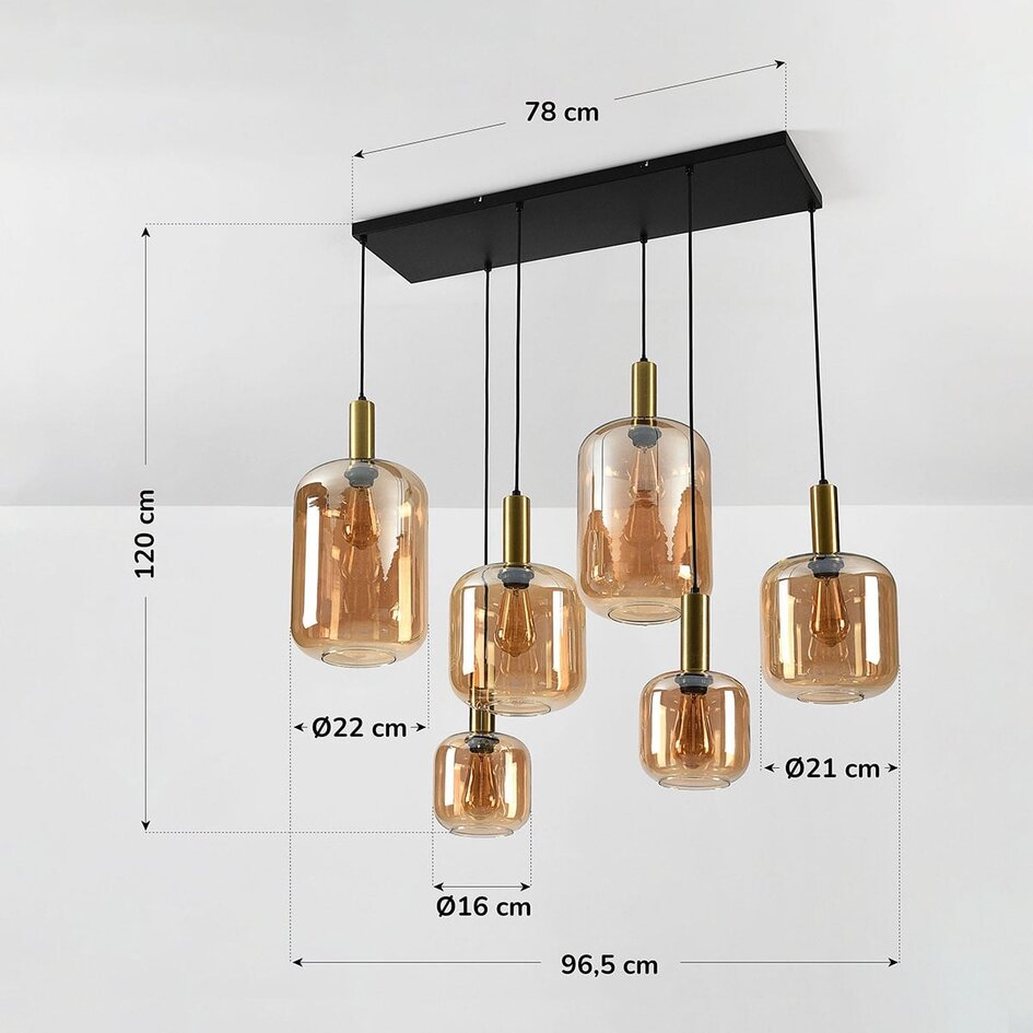 6 światła lampa wisząca Sei - szkło bursztynowe ze złotem