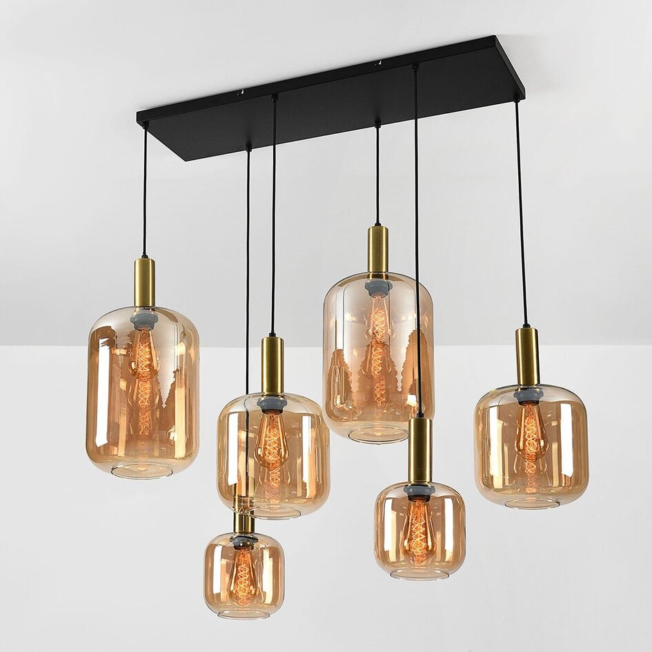 6 światła lampa wisząca Sei - szkło bursztynowe ze złotem