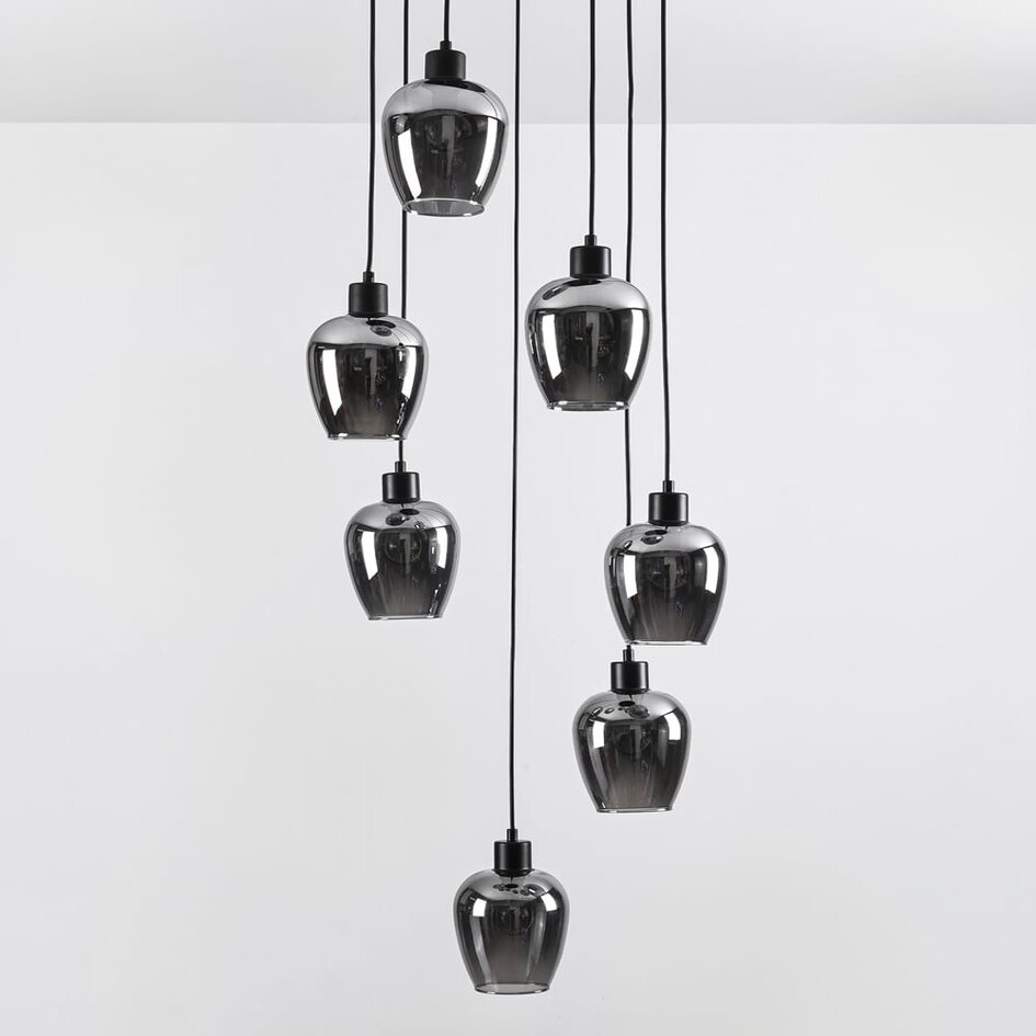7 światła lampa wisząca czarna ze szkłem dymionym szarym - Hollister