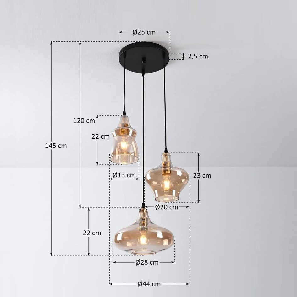 Industrialna lampa wisząca ze szkłem bursztynowym 3 światła - Trinidad