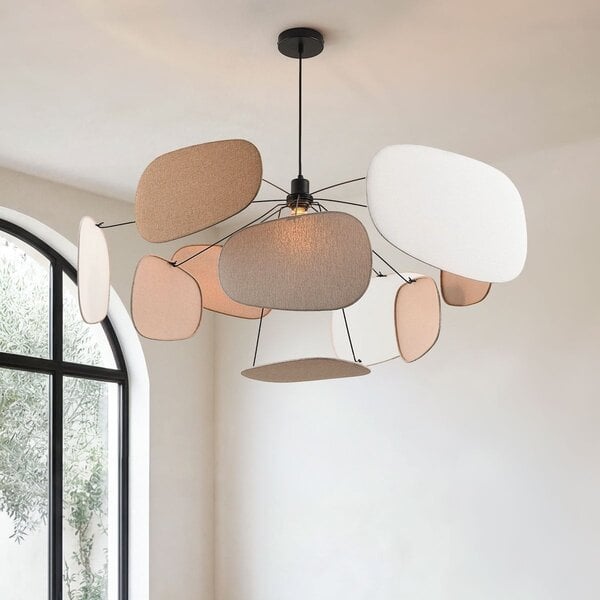 Lampa wisząca Zandor z tkaniny – szarobrązowe, jasnoszara i białe