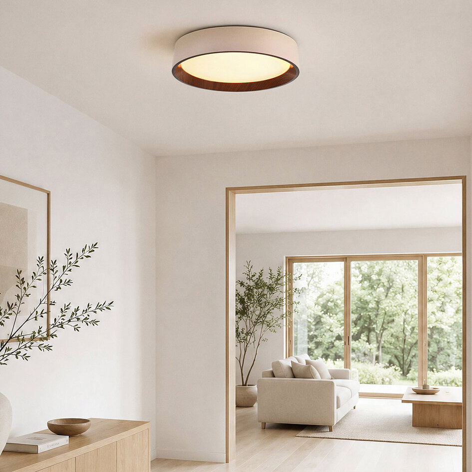 Lampa sufitowa Nardia ze zintegrowanym źródłem LED i 3-stopniowo ściemnialna Ø39 cm - beżowa z akcentem drewnianym