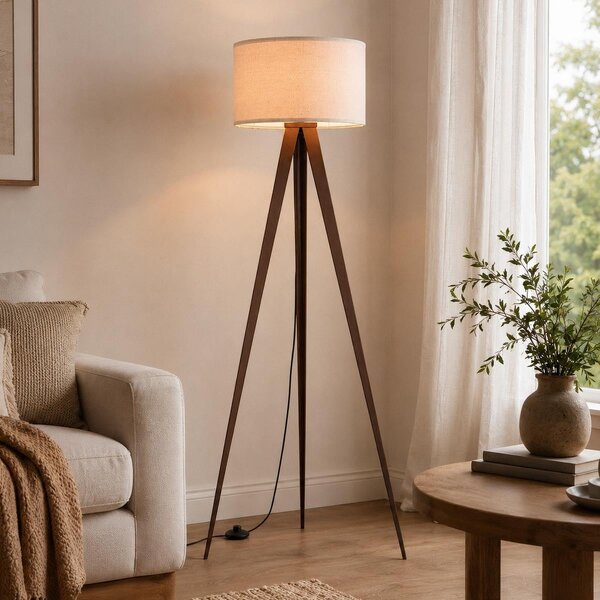 Lampa podłogowa Saskia z lnianym kloszem i metalowym trójnogiem - brązowa