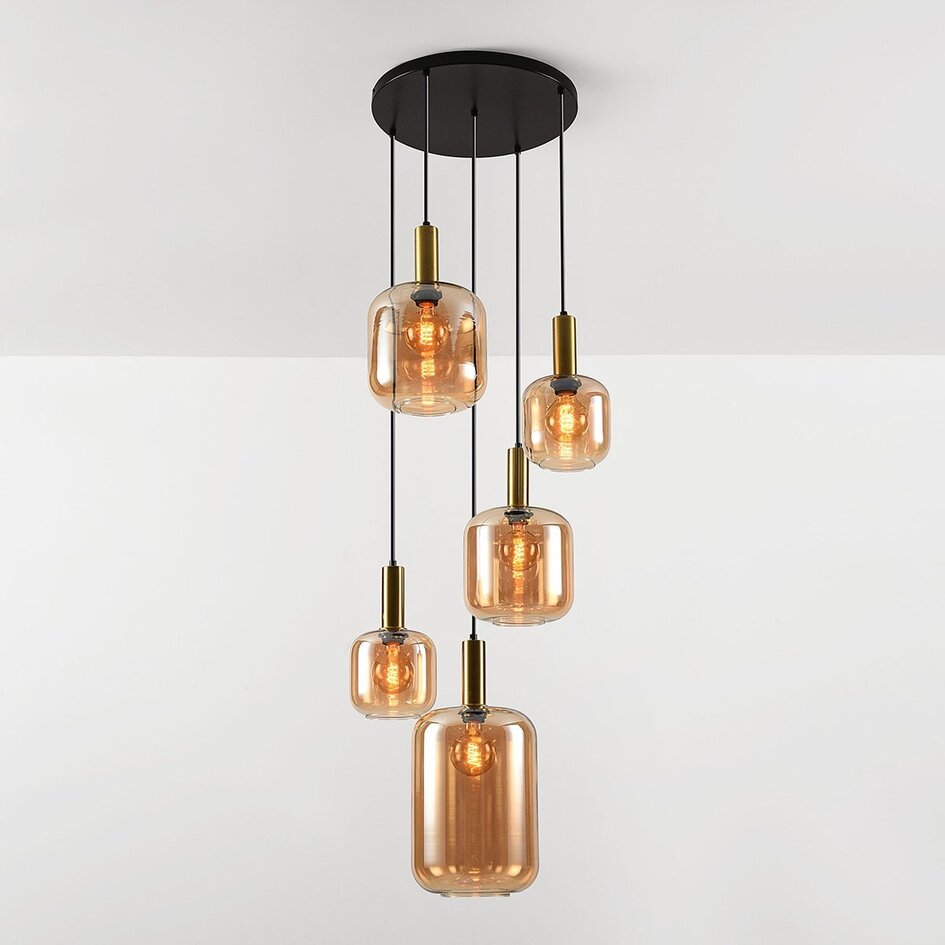 5-światło lampa wisząca Cinque złota ze szkłem bursztynowym
