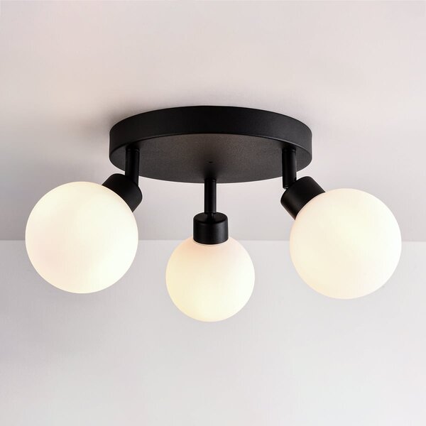 Lampa sufitowa Zano z 3 obrotowymi punktami świetlnymi - czarna z mlecznobiałym szkłem