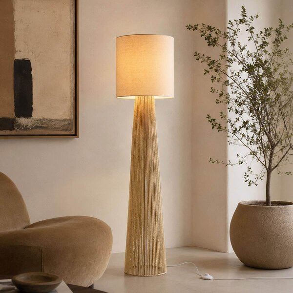 Lampa podłogowa Papira w kolorze naturalnym z lnianym kloszem