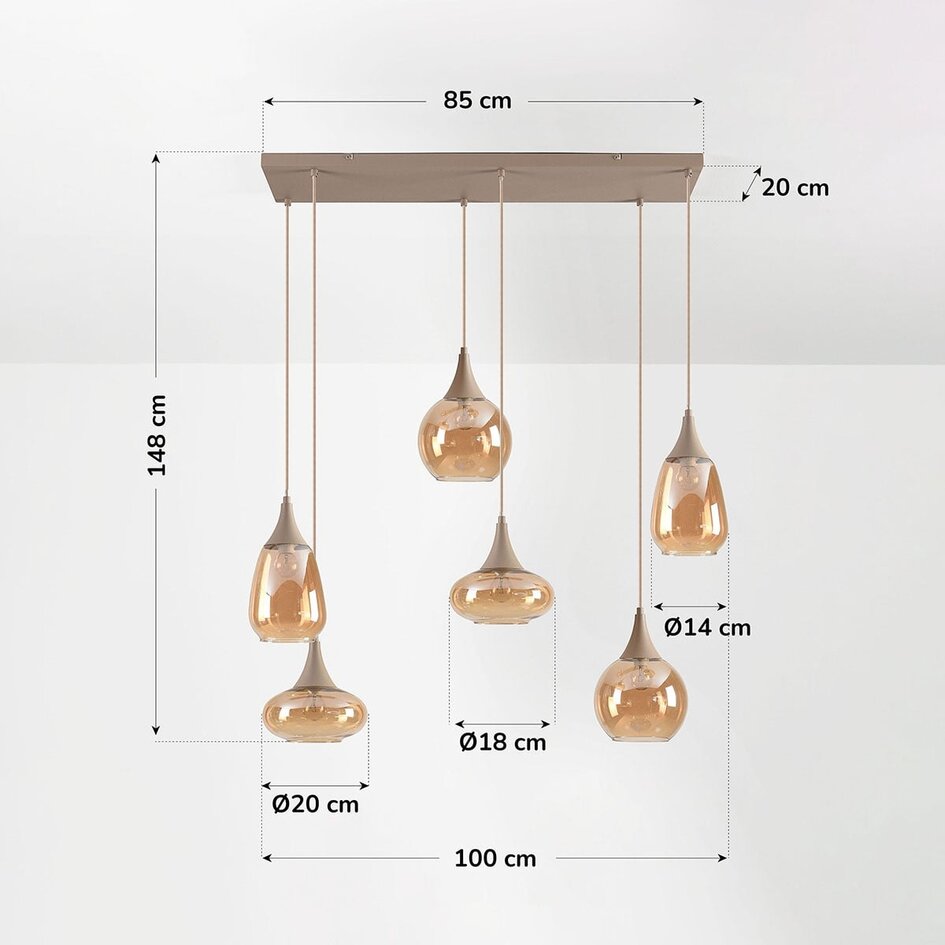 Lampa wisząca Loic 6 światła ze szkłem bursztynowym - piaskowo-beżowa