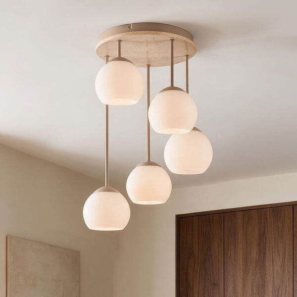 Lampa sufitowa Carat z trawertynu (kamień naturalny) z mlecznobiałym szkłem, 5 światła - Beżowe