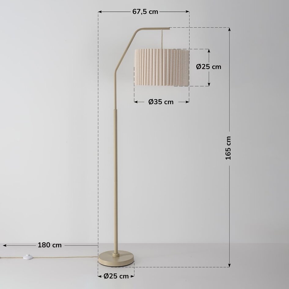 Łukowa lampa stojąca Pedro z beżowym, plisowanym abażurem