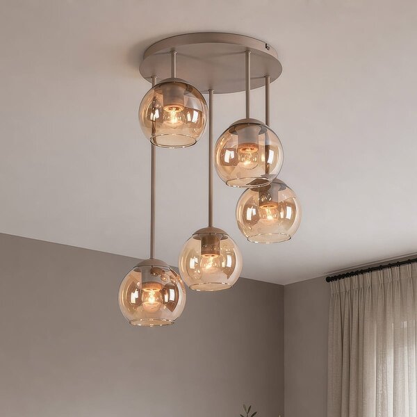 Lampa sufitowa Carato z 5 bursztynowymi szklanymi kulami - beżowa