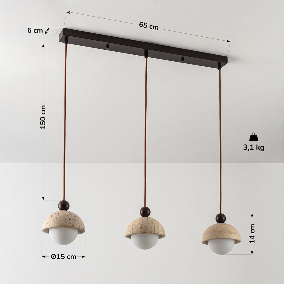 Lampa wisząca Vara – 3-punktowa, trawertyn (kamień naturalny), drewno i mleczne szkło