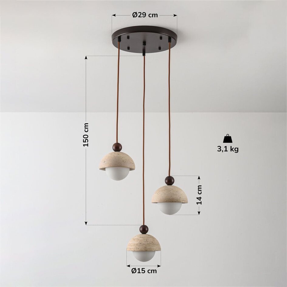 Lampa wisząca Vara – 3-punktowa, okrągła, trawertyn (kamień naturalny) i mleczne szkło