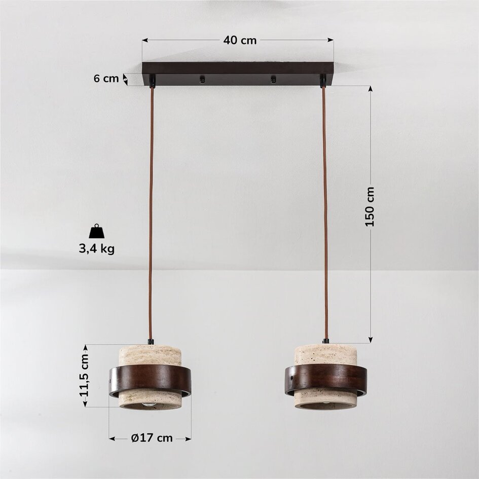 2-światła lampa wisząca Travé z trawertynu (kamień naturalny) i drewna