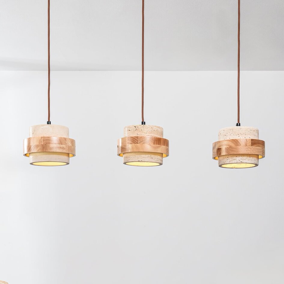 Lampa wisząca Travo – 3-punktowa, z trawertynu (kamienia naturalnego) i jasnego drewna