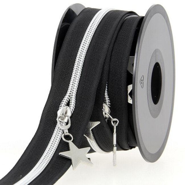 Huismerk Rits per meter zwart met zilveren kunststof spiraal tanden