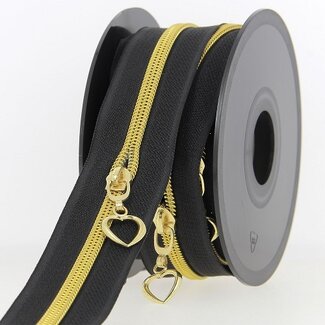 Huismerk Reißverschluss pro Meter schwarz mit goldenen Kunststoff-Spiralzähnen