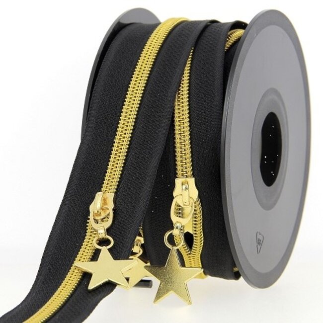 Huismerk Rits per meter zwart met Gouden kunststof spiraal tanden