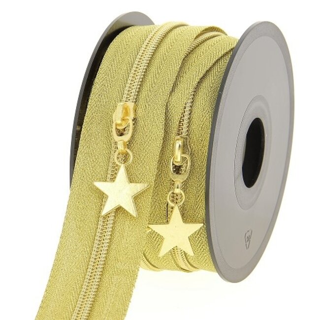 Huismerk Rits per meter goud met Gouden kunststof spiraal tanden