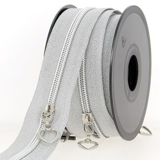 Huismerk Reißverschluss pro Meter Silber mit Silber Kunststoff-Spiralzähnen