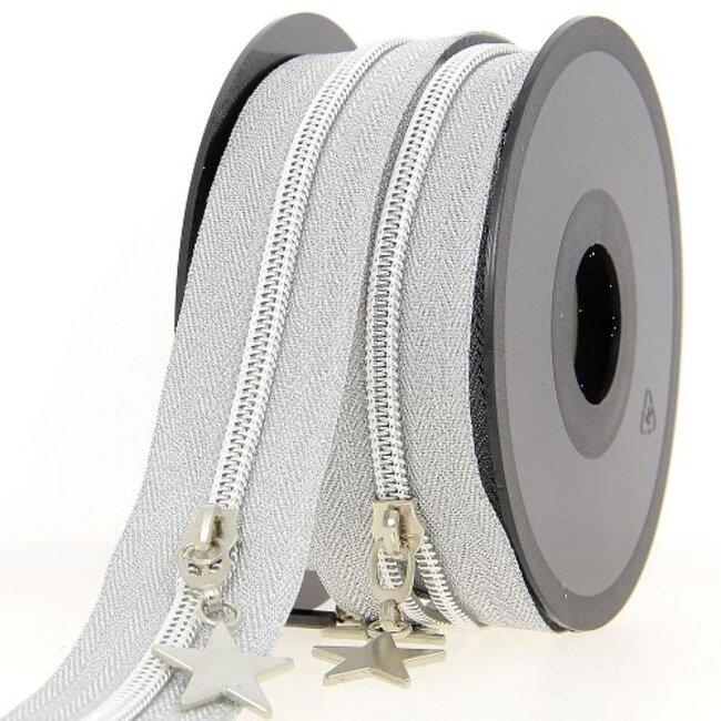 Huismerk Rits per meter Zilver met Zilver kunststof spiraal tanden