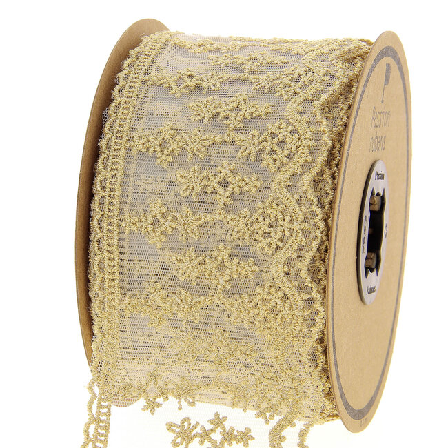 Huismerk Goud Metallic Tulè kant in 75 mm breed