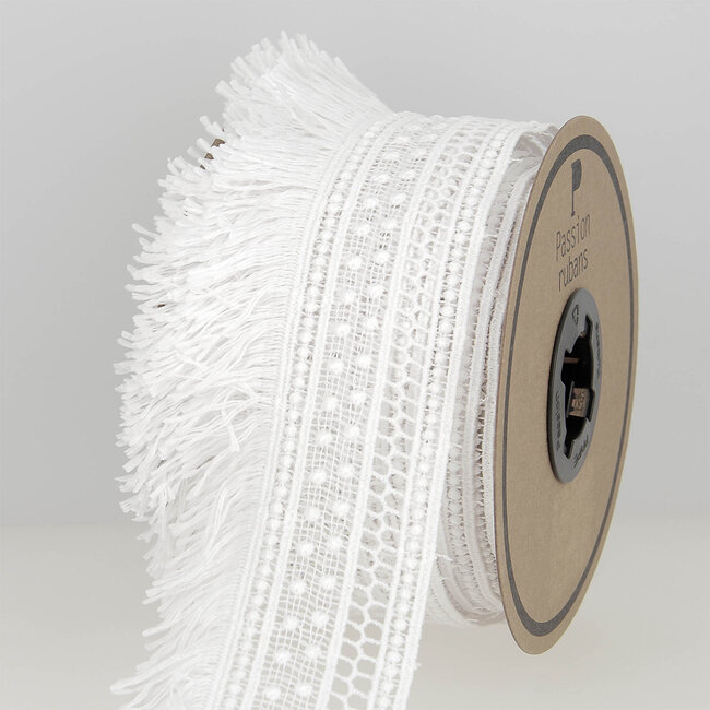 Huismerk Guipurekant met franje 65 mm breed