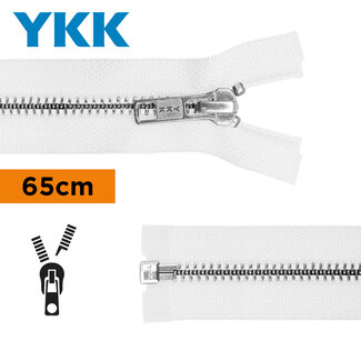 YKK Deelbare ritsen van 6 mm breed wit met zilveren metalen tanden 65 cm