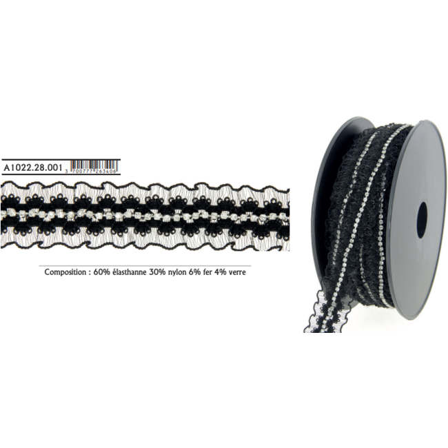 Huismerk Zwart Kant met strass stenen 28 mm breed